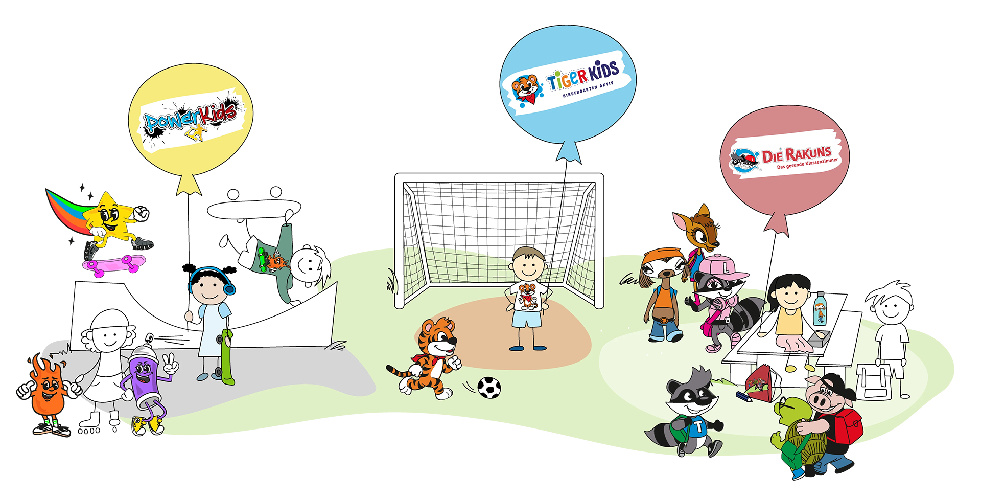 Abbildung zum Webshop der Stiftung Kindergesundheit. Illustration spielender Kinder und Programm-Maskottchen